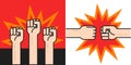 Fist hands raised up and bumping as revolution war concept vector or strong protestors fists punching as battle people conflict or Royalty Free Stock Photo