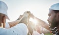 Fist, motivation or sports people in huddle with support, hope or faith on baseball field in game. Teamwork, group Royalty Free Stock Photo