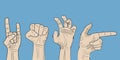 Human hands set. Rock n roll sign. Fist power. Hand with pointing finger. Sketch , cartoon style