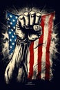 Fist raised over american flag. Poster design in style of grunge illustration. Patriotism and freedom concept. Generative Ai
