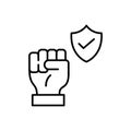 Fist raised up and security shield with checkmark. Strong defence, increased protection. Pixel perfect vector Royalty Free Stock Photo