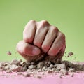 Fist smashing through dirt on a colorful surface. Royalty Free Stock Photo