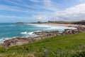 Fistral beach Newquay North Cornwall uk with bluebells and waves in spring Royalty Free Stock Photo