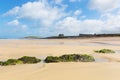 Fistral beach Newquay North Cornwall UK with rocks and green seaweed Royalty Free Stock Photo