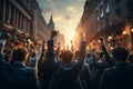 Fists of accomplishment Corporate team raises hands in victory, celebrating success