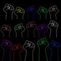 Fists up on black background, a symbol of the struggle for freedom and independence, demonstrations, revolution and protests