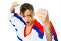 Fists up - woman hockey fan in jersey in national color of Russia cheer, celebrating goal