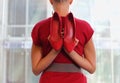 Fit business woman in dress with two red high heels Royalty Free Stock Photo