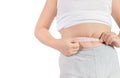 Fit fitness girl measuring her waistline Royalty Free Stock Photo