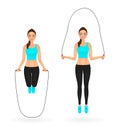 Smiling fit girl doing exercises with jumping rope. Woman in sportswear. Vector character.