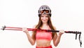 Fit girl with ski poles. Royalty Free Stock Photo