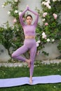 Fit girl in sportswear doing morning yoga. Young girl practicing yoga, doing fit exercise, working out. Concept of