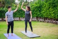 Fit happy people working out outdoor. Asian couple exercising together on a yoga mat at home garden. Family outdoors. exercise at Royalty Free Stock Photo