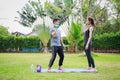 Fit happy people working out outdoor. Asian couple exercising together on a yoga mat at home garden. Family outdoors. exercise at Royalty Free Stock Photo