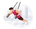 Fit man working out on trx doing bodyweight exercises. Fitness strength training workout.