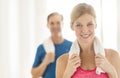 Fit Mature Woman Holding Towel Around Neck At Home Royalty Free Stock Photo