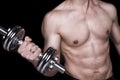 Fit muscular man body part, hold dumbbell Royalty Free Stock Photo