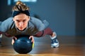 Fit and muscular woman with piercing eyes doing intense core workout with kettlebell in gym. Female exercising at Royalty Free Stock Photo