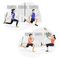 Fit people working out on trx doing bodyweight exercises. Fitness strength training workout.