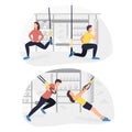 Fit people working out on trx doing bodyweight exercises. Fitness strength training workout.