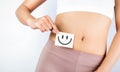 Fit Slim Body Holding White Card With Happy .Smiley Face In Hands Good Digestion Concepts Royalty Free Stock Photo