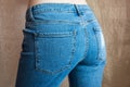 Fit slim female in blue jeans. Woman buttocks in denim. Royalty Free Stock Photo