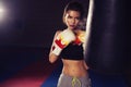 Fit slim young beautiful brunette woman boxing in sportswear. Da Royalty Free Stock Photo
