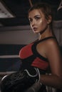 Fit slim young beautiful brunette woman boxing in sportswear. Da Royalty Free Stock Photo