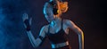 Fit woman on black background with neon lights. Fitness and sport motivation. Download banner for sports website or Royalty Free Stock Photo