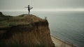 Fit woman practicing yoga asana on hilltop. Girl making gymnastic on beach. Royalty Free Stock Photo