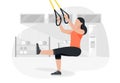 Fit woman working out on trx doing bodyweight exercises. Fitness strength training workout. Royalty Free Stock Photo