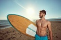 Fit young beardy male walking on the sunny beach, holding surfboard, smiling. uv protection concept Royalty Free Stock Photo