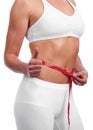 Fit young caucasian woman measuring waist