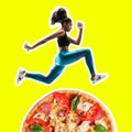 Fit young woman running from bad food on color background. Female sprinter over pizza. Healthy eating concept.