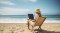 Fit young woman sitting on deck chair at sea view beach using laptop. Female freelance programmer in chaise-longue lounge working