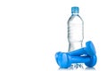 Fitnes symbols - red dumbbells, a bottle of water and a towel. The concept of a healthy lifestyle