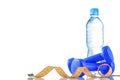 Fitnes symbols - red dumbbells, a bottle of water and a towel. The concept of a healthy lifestyle