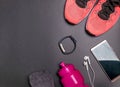 Fitness accessories like sneakers, bottle with water and other Royalty Free Stock Photo