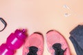 Fitness accessories like sneakers, bottle with water and other. Royalty Free Stock Photo