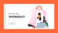 Fitness, Active Lifestyle, Health And Wellness Landing Page Template. Female Character Doing Workout In Office Space Royalty Free Stock Photo