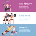 Fitness activities banners gym athletes making exercises