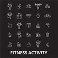 Fitness activity editable line icons vector set on black background. Fitness activity white outline illustrations, signs Royalty Free Stock Photo