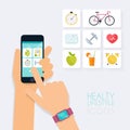 Fitness app concept on touchscreen. Mobile phone and tracker on