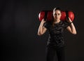 Fitness Aqua bag, water bag for sports girl holds on her shoulders Royalty Free Stock Photo