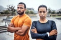 Fitness, athlete and portrait of couple after workout, run or sports training in the city. Motivation, serious and young Royalty Free Stock Photo