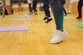 Fitness athletes foot close-up. Healthy lifestyle and sport concepts. Woman in fashionable sportswear is doing exercise. Royalty Free Stock Photo