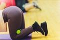 Fitness athletes foot close-up. Healthy lifestyle and sport concepts. Woman in fashionable sportswear is doing exercise. Royalty Free Stock Photo