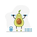 Fitness avocado in gym with dumbbells. Vector weightlifting