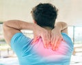 Fitness, back pain and man with injury in gym after accident, workout or training. Sports, health or male athlete with Royalty Free Stock Photo