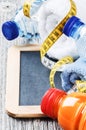 Fitness background with water bottles and towels Royalty Free Stock Photo